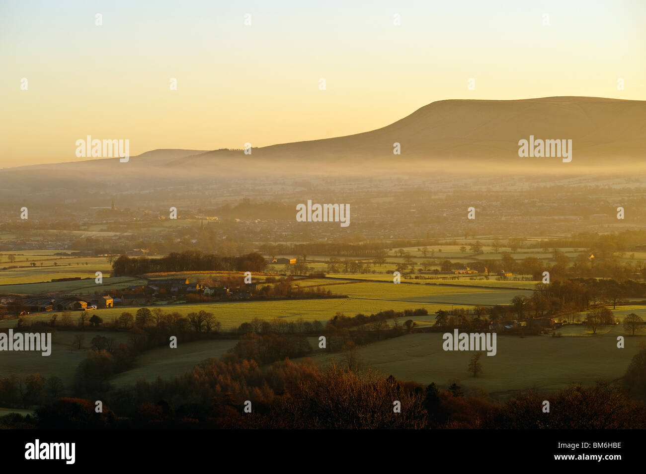 Misty morning in the Ribble Valley, Lancashire, with Pendle Hill beyond, from Longridge Fell Stock Photo
