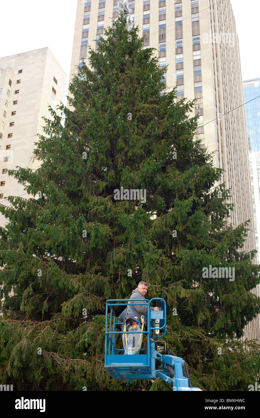 Christmas tree set up at Rockefeller Center , New York City Stock Photo