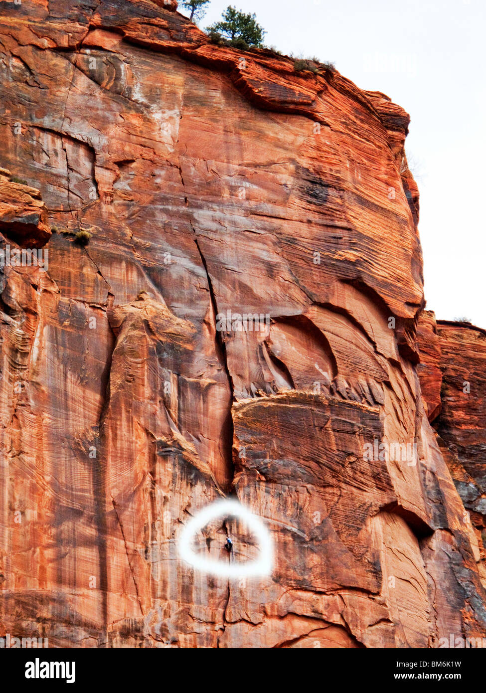 A rock climber in Zion National Park, Utah (circled) is almost unnoticed against the sheer rock wall. Stock Photo