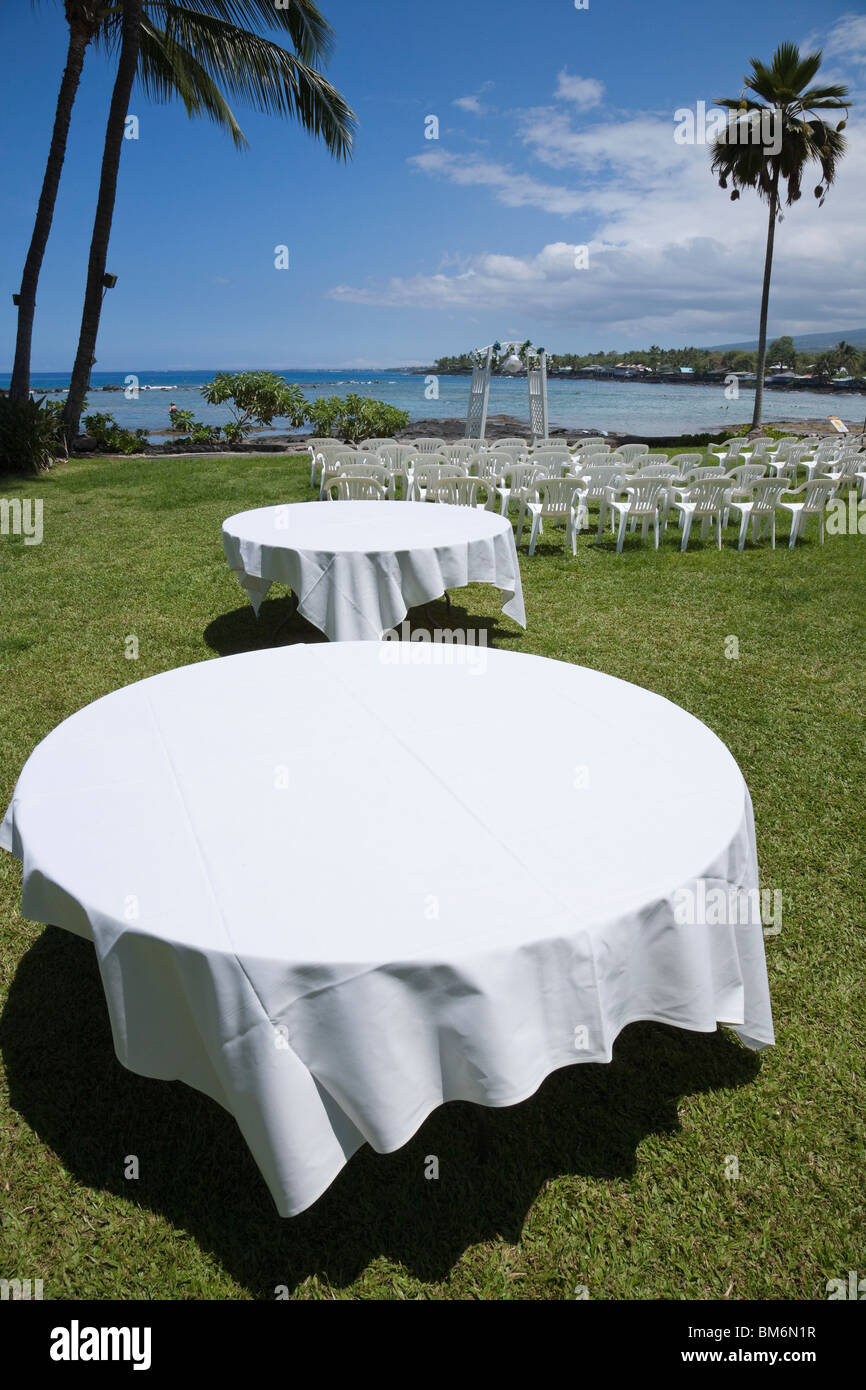 Tables And Chairs Await A Beach Wedding Ceremony In Hawaii Stock