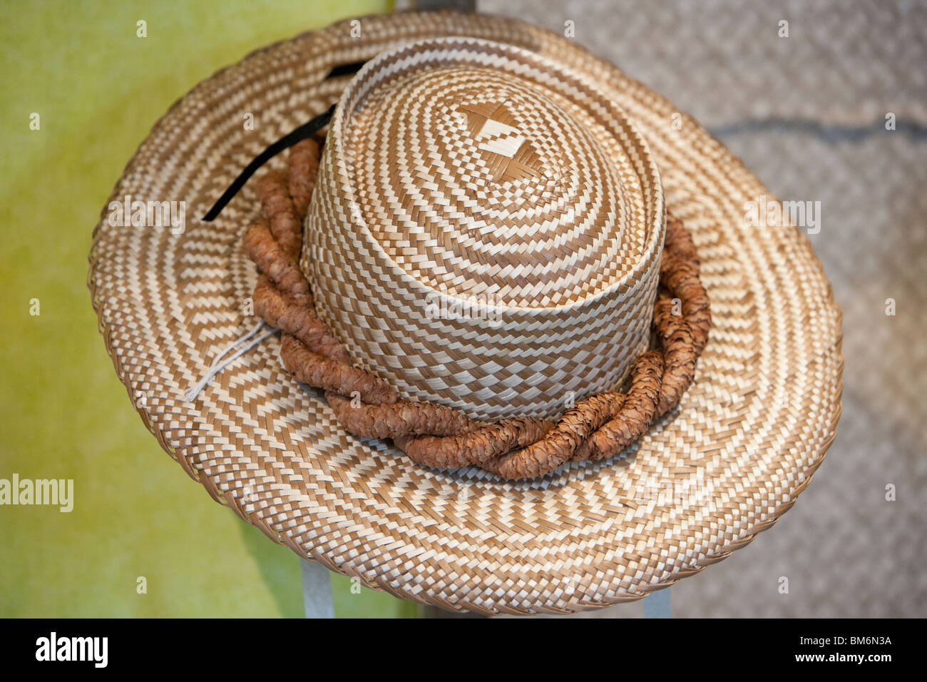 Hat woven of lauhala leaves is a fine craft in Hawaii. Stock Photo