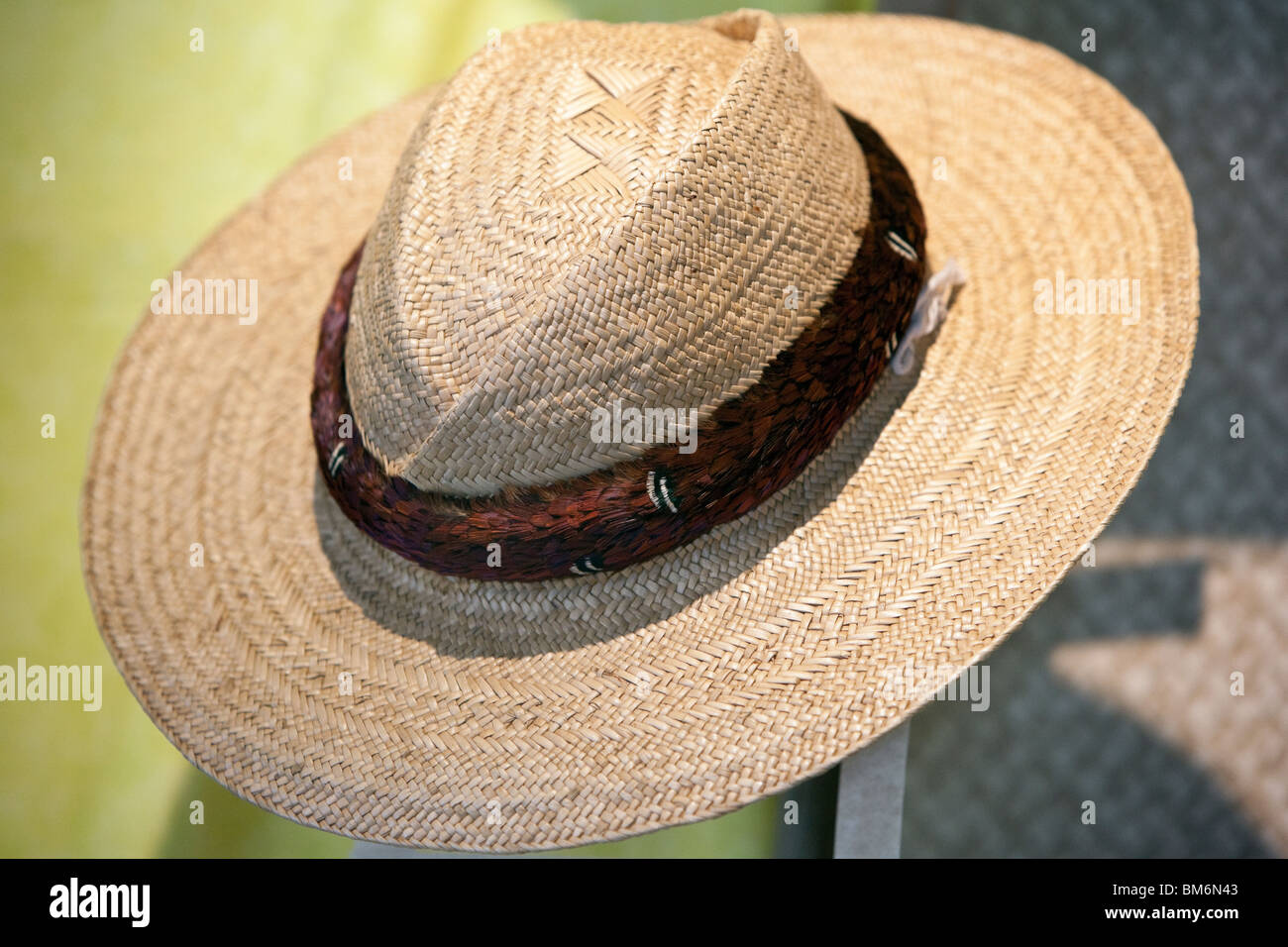 Hat woven of lauhala leaves is a fine craft in Hawaii. Stock Photo