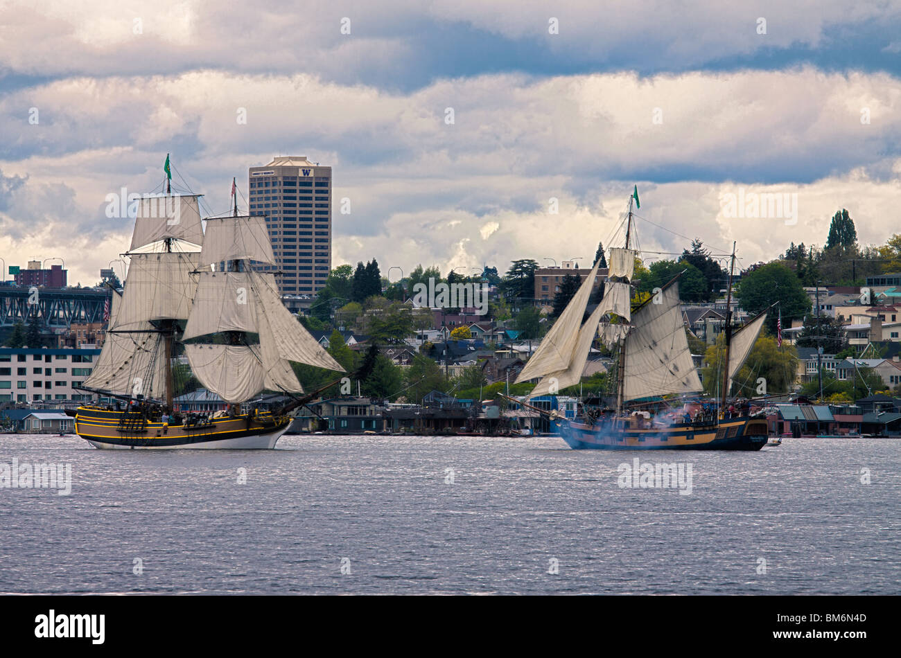 Lady Washington and Hawaiian Chieftan tall ships, Lake Union Stock