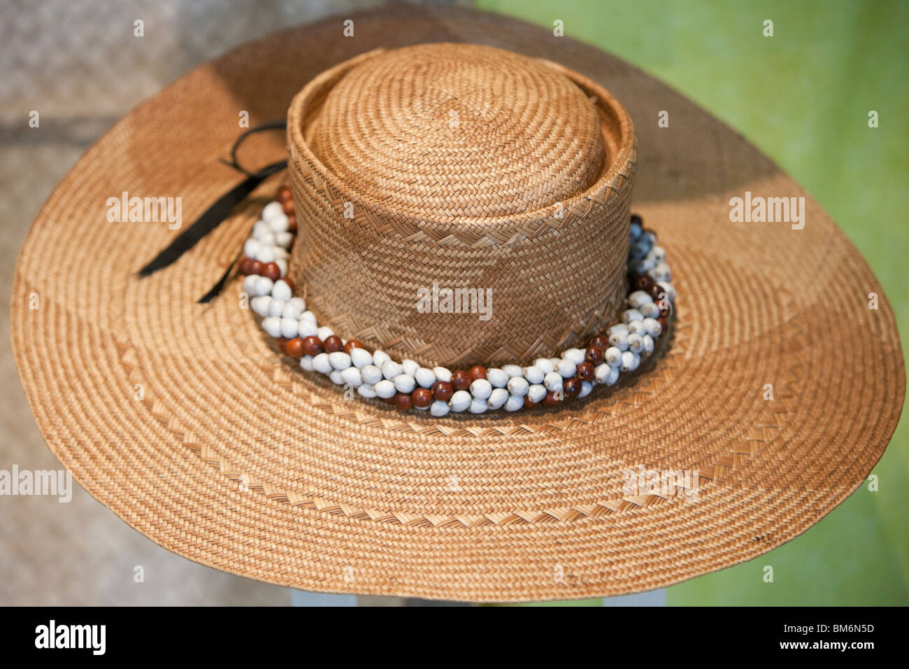 Hat woven of lauhala leaves is a fine craft in Hawaii. Stock Photo