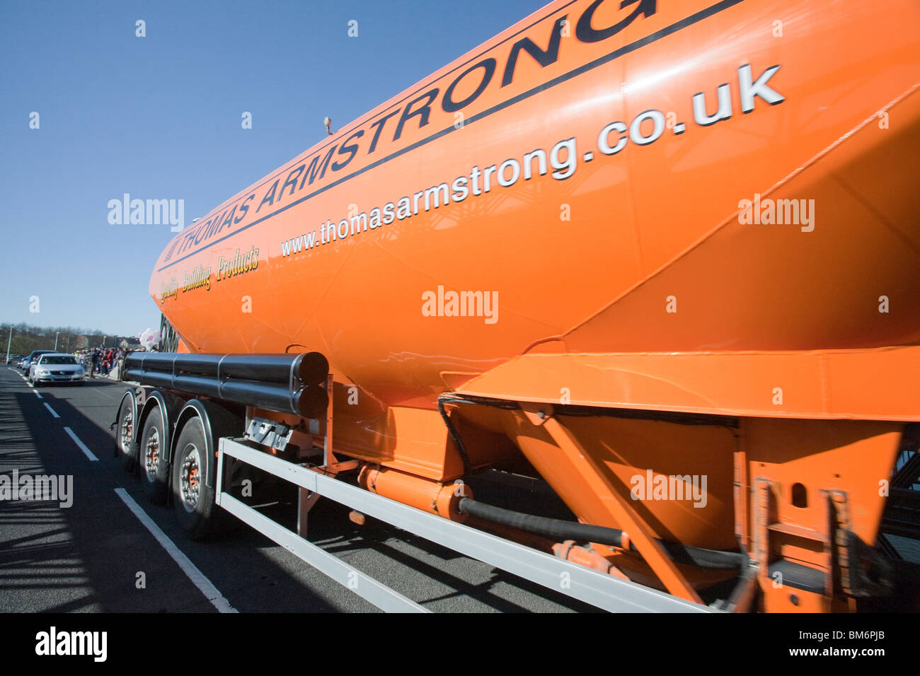 A tanker crossing the newly opened road bridge in Workington, Cumbria, UK. Stock Photo