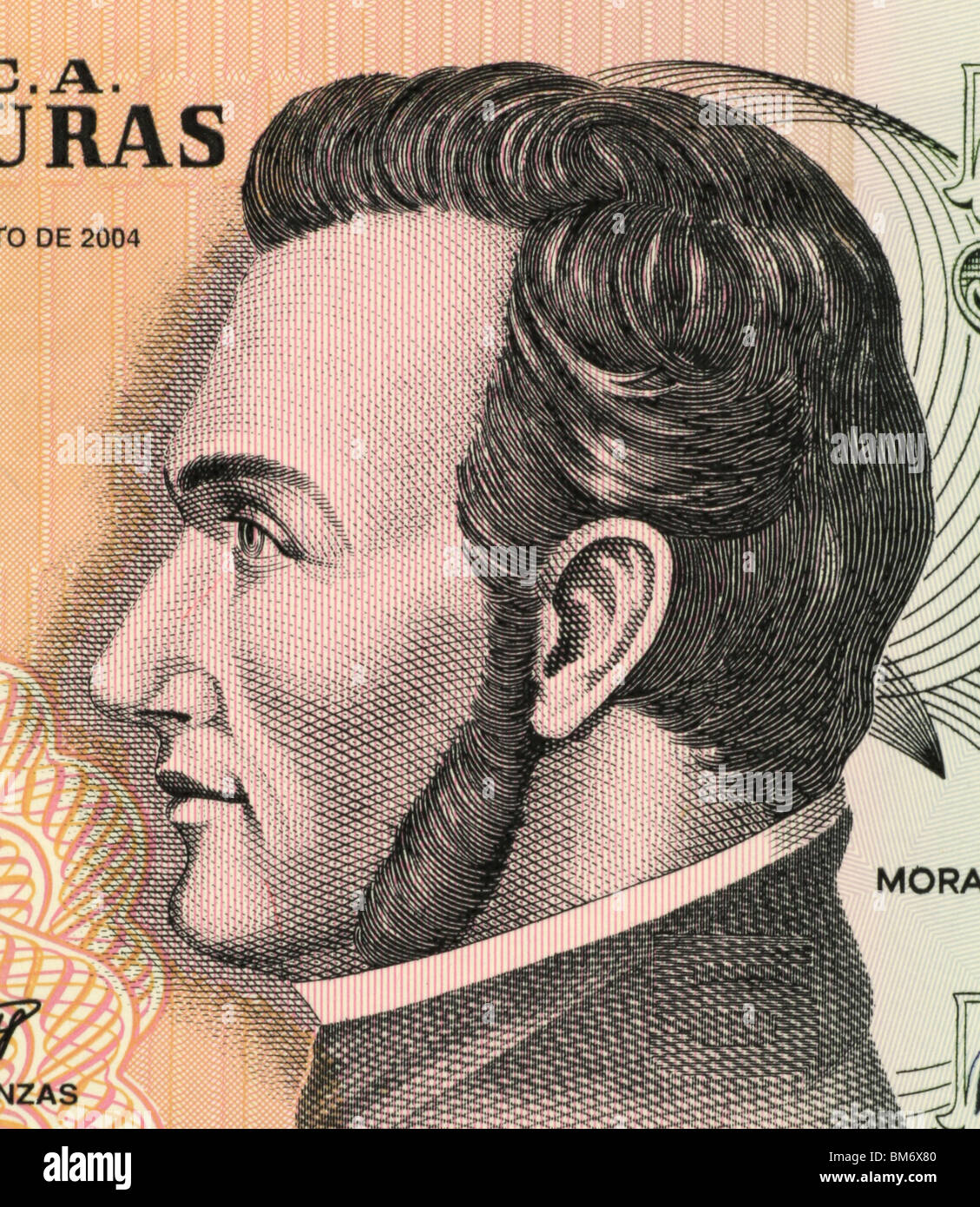 Francisco Morazan (1792-1842) on 5 Lempiras 2004 Banknote from Honduras. Stock Photo