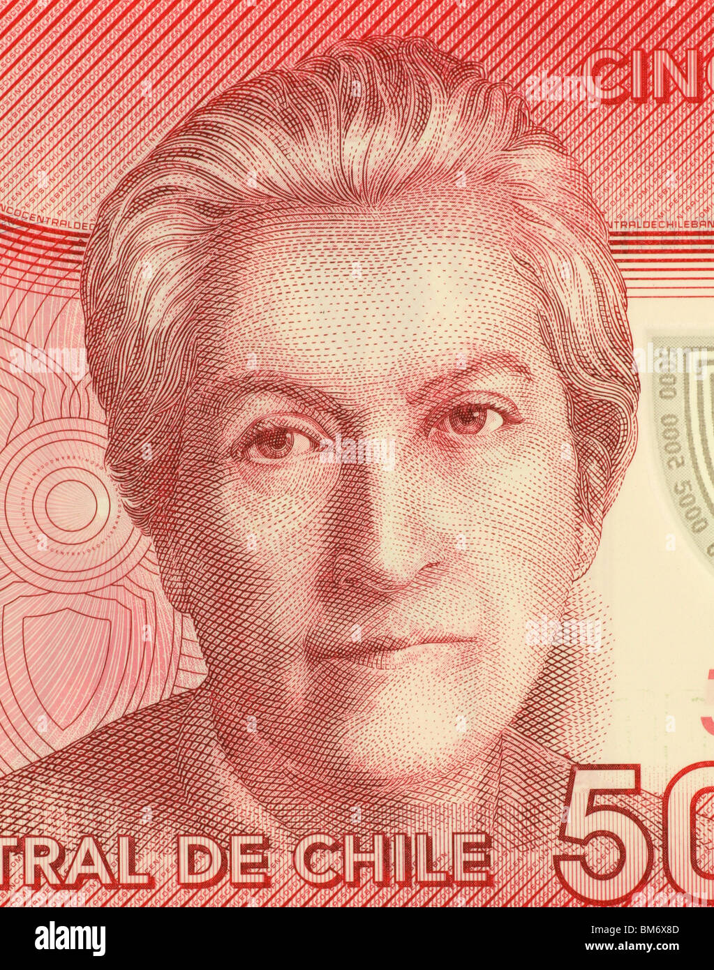 Gabriela Mistral (1889-1957) on 5000 Pesos 2009 Banknote from Chile. Chilean poet, educator, diplomat and feminist. Stock Photo