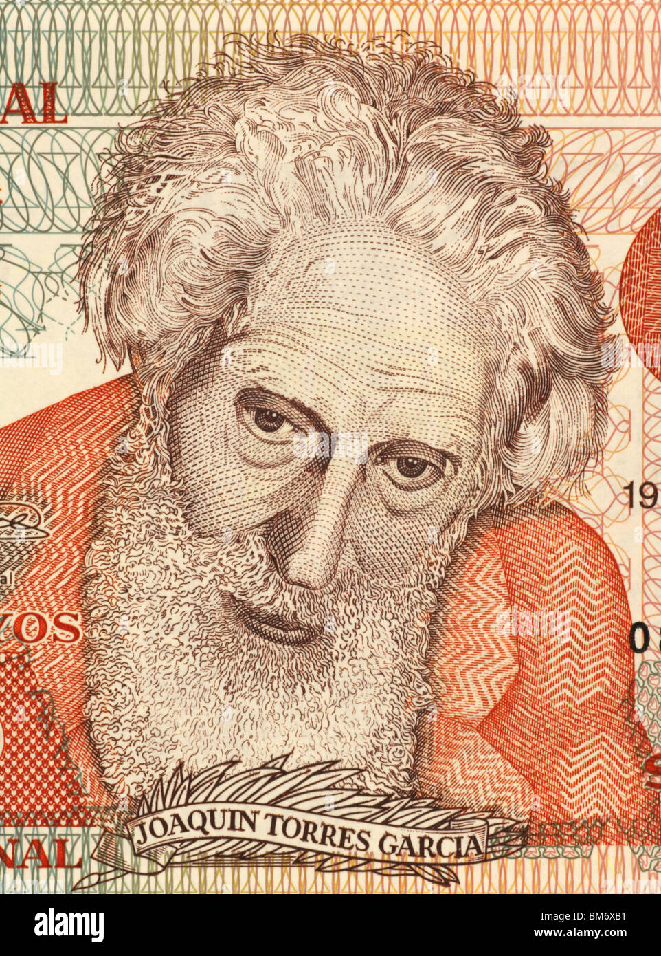 Joaquin Torres Garcia (1874-1949) on 5 Pesos Uruguayos 1998 Banknote from Uruguay. Stock Photo