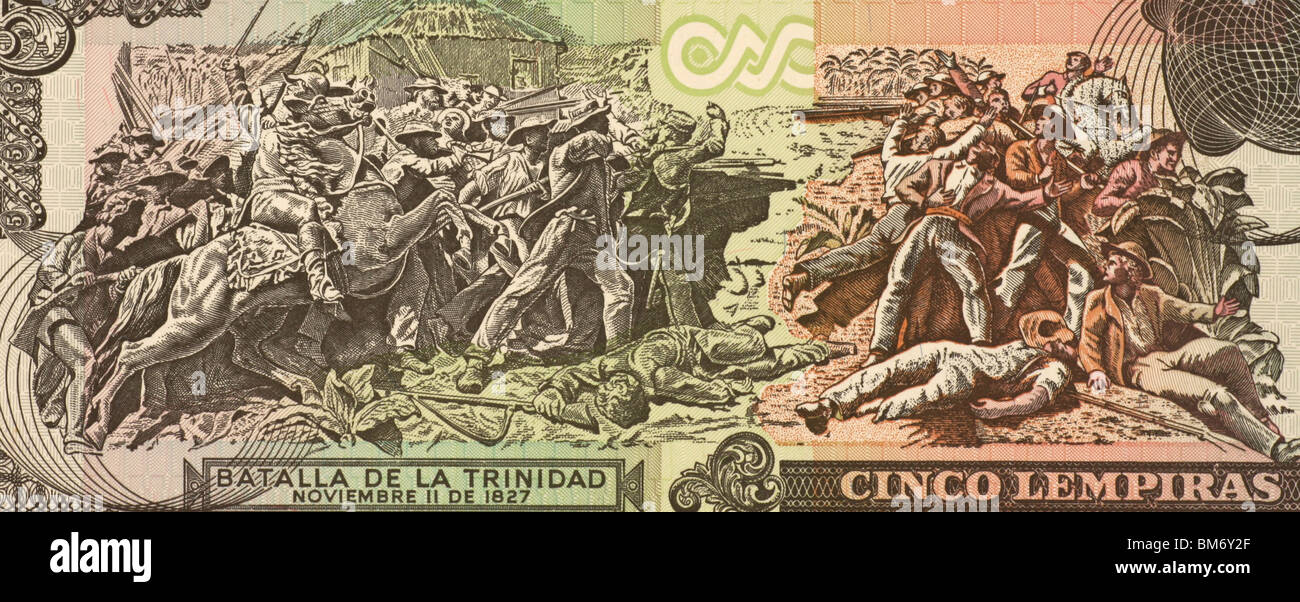 Battle of La Trinidad on 5 Lempiras 2004 Banknote from Honduras Stock