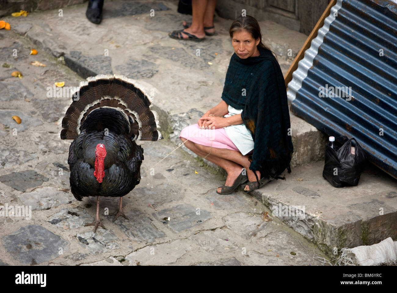 A woman stands with her turkey for sale or barter at the Sunday market in Cuetzalan del Progreso, Mexico. Stock Photo