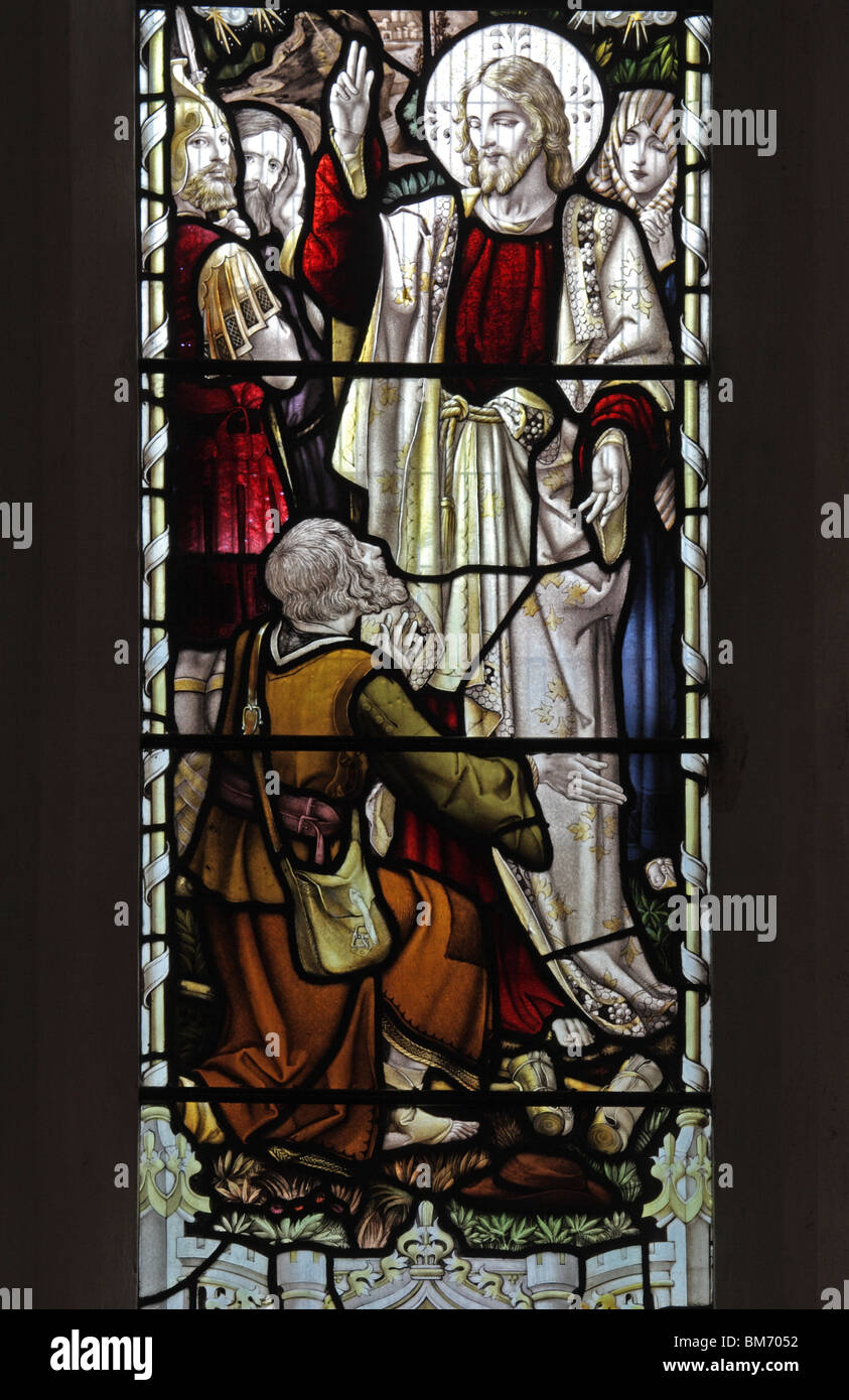 A stained glass window depicting Jesus Christ healing the cripple; St Mary's Church, Halford, Warwickshire, England. Glass by Frank Holt & Co. Warwick Stock Photo
