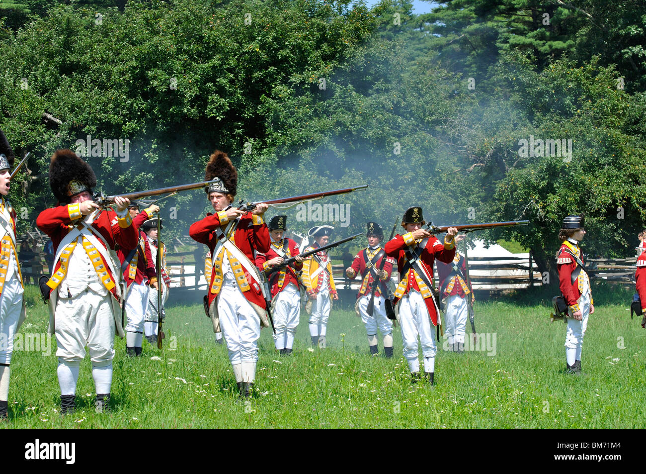 American patriots in battle costumed American Revolutionary War era (1770's) reenactment