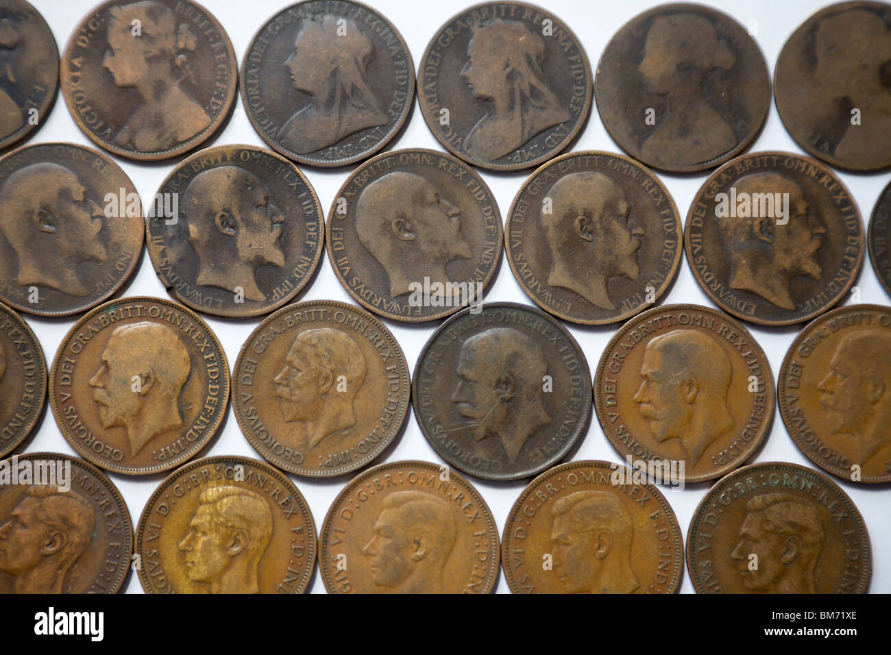 Old British one penny coins Stock Photo