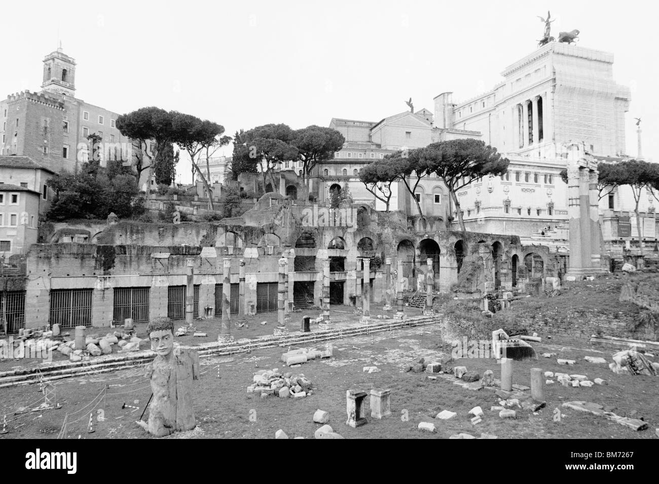 Rome, Italy, 30 January 2010 -- Roman Forum beneath the Palantine Hill, captured in black and white on Agfa APX 100 negative fil Stock Photo