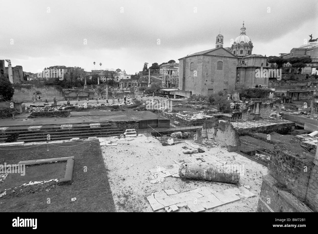 Rome, Italy, 30 January 2010 -- Roman Forum beneath the Palantine Hill, captured in black and white on Agfa APX 100 negative fil Stock Photo