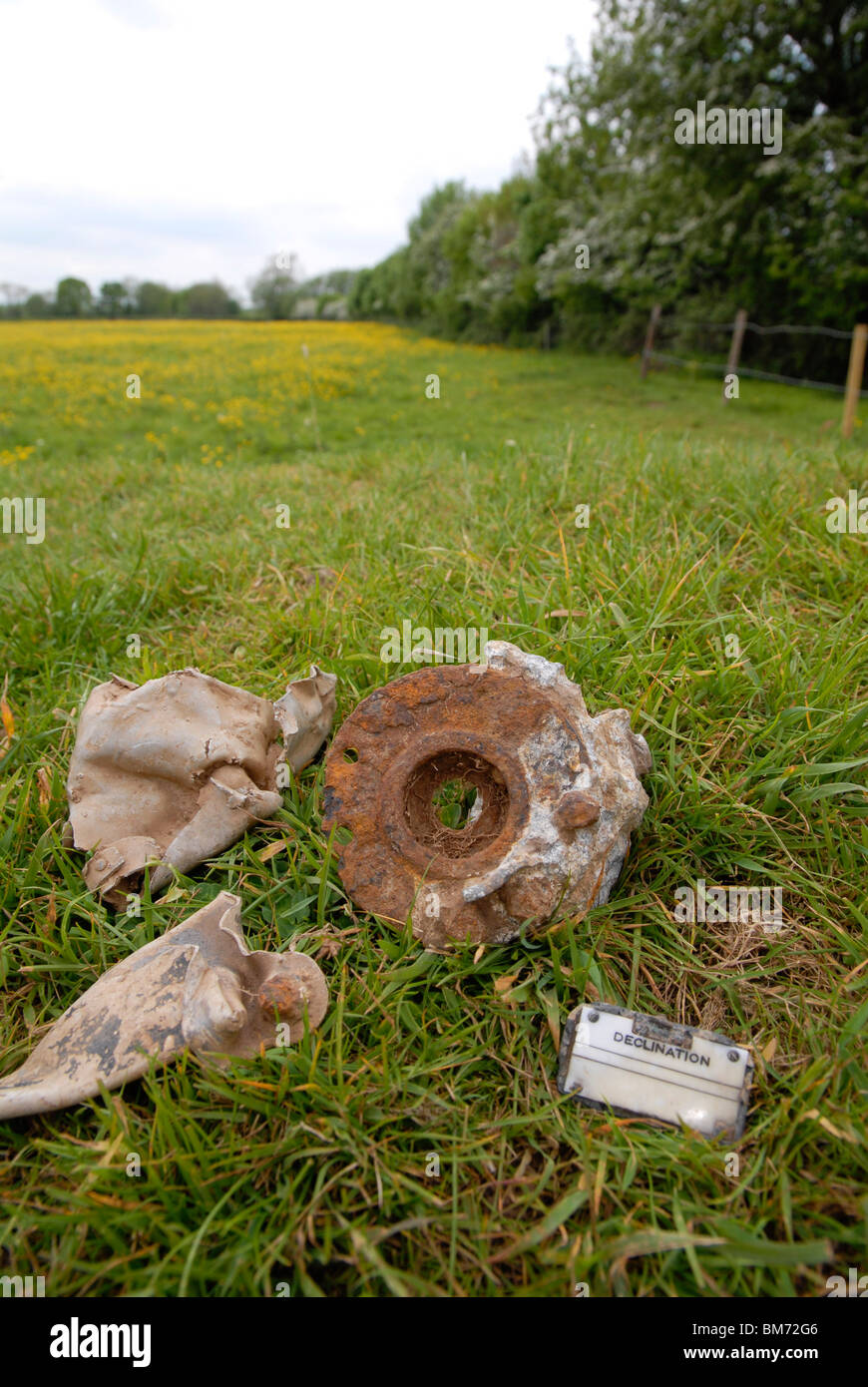 Pieces of crashed aircraft at the spot at Hoveringham Pastures, Notts., where two Lancaster bombers crashed during WWII Stock Photo