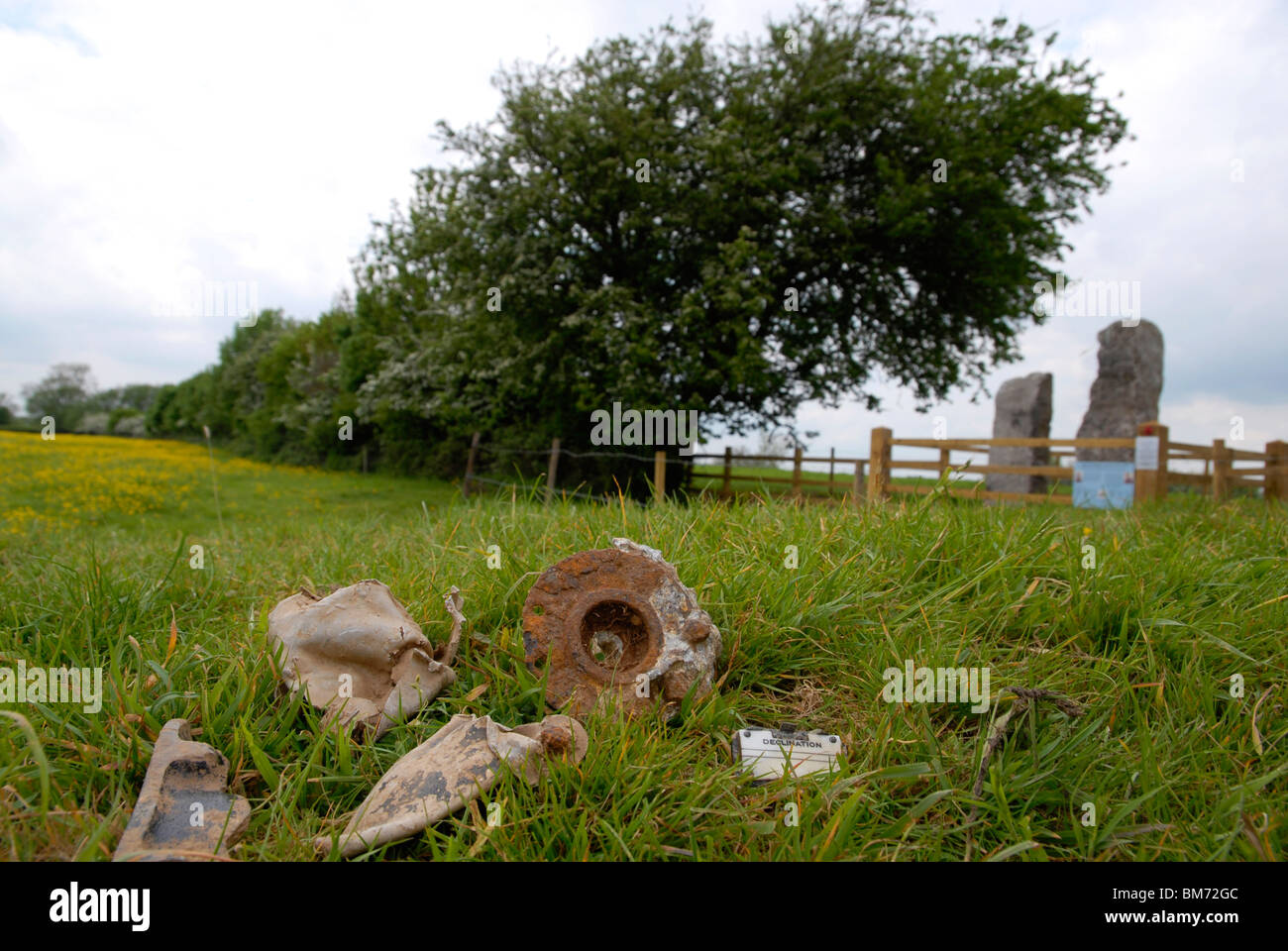Pieces of crashed aircraft at the spot at Hoveringham Pastures, Notts., where two Lancaster bombers crashed during WWII Stock Photo