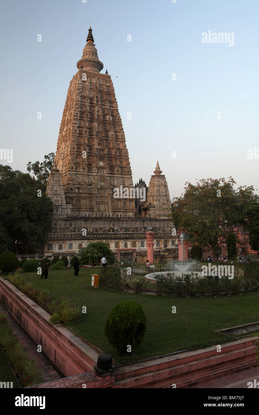 The Mahabodhi Temple, the Buddhist temple built where Buddha attained enlightenment in Bodh Gaya or Bodhgaya in India. Stock Photo