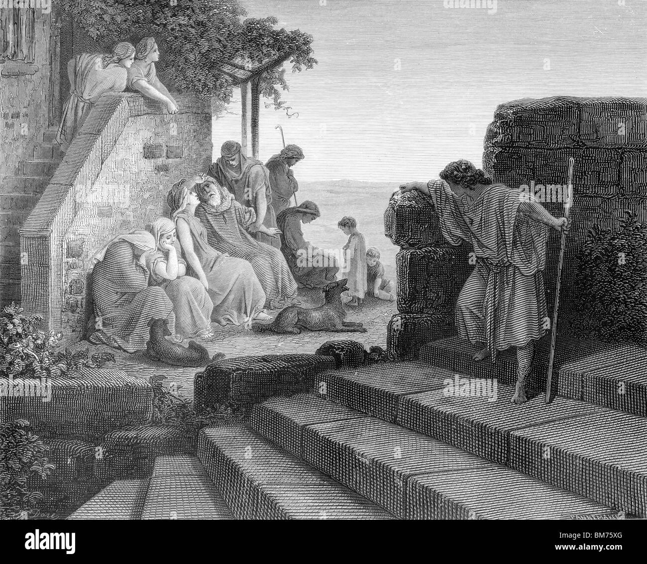 Black and White Illustration Return of the Prodigal Son Stock Photo