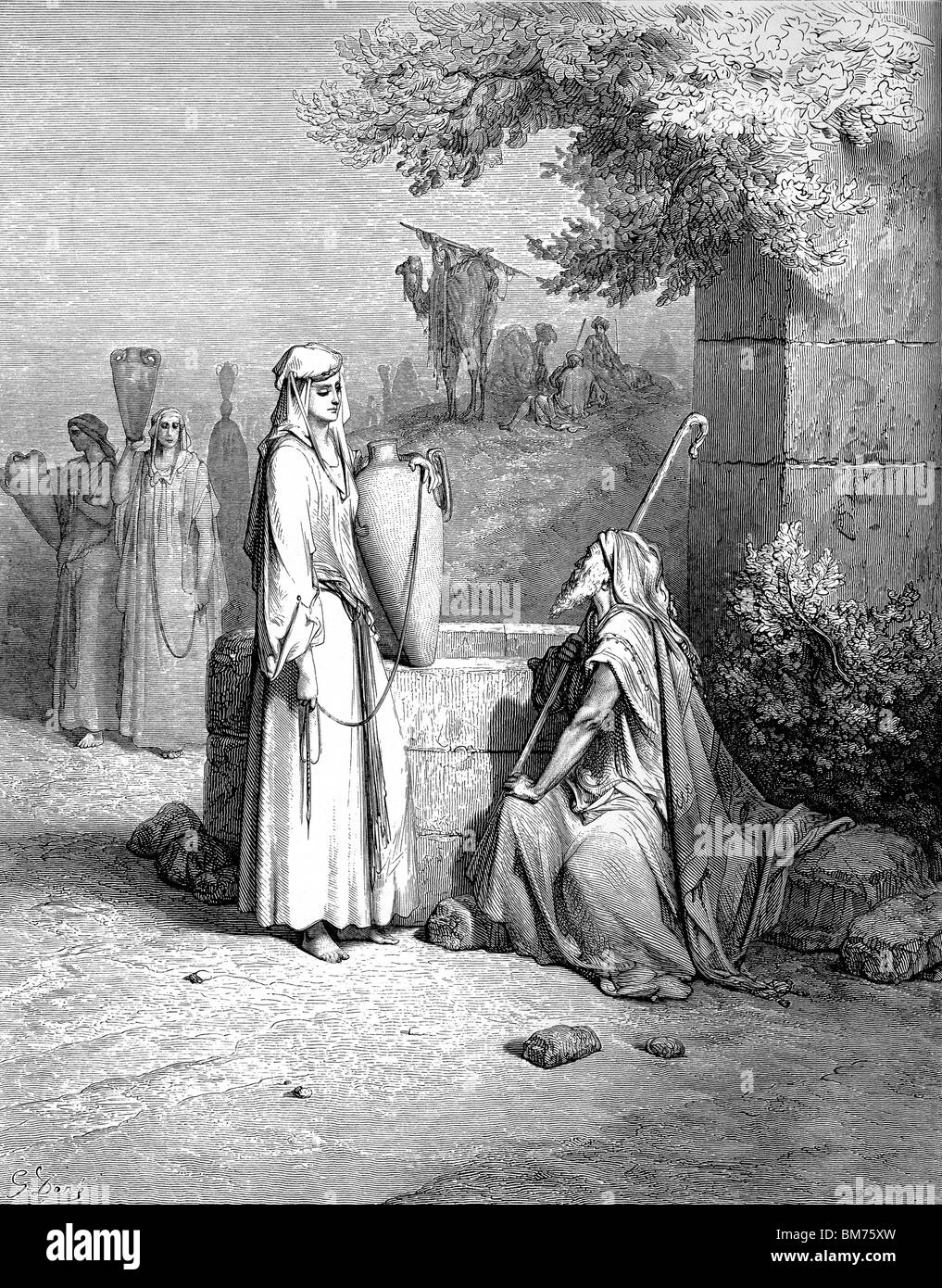 Rebekah at the Well, Woodcut by Gustave Doré (1832-1883), Old Testament Bible story, Genesis 24 Stock Photo