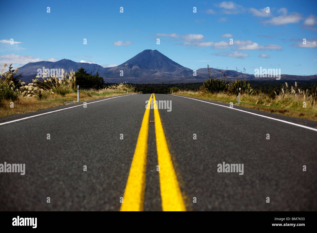 State Highway 47 heading towards Mount Ngauruhoe in the Tongariro National Park in New Zealand Stock Photo