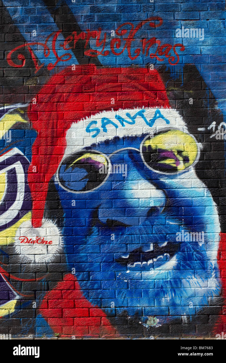 DPM, Hall of fame, Legal graffiti wall around mains road, Dundee, Dundee City, UK  Father Christmas with sunglasses. Stock Photo