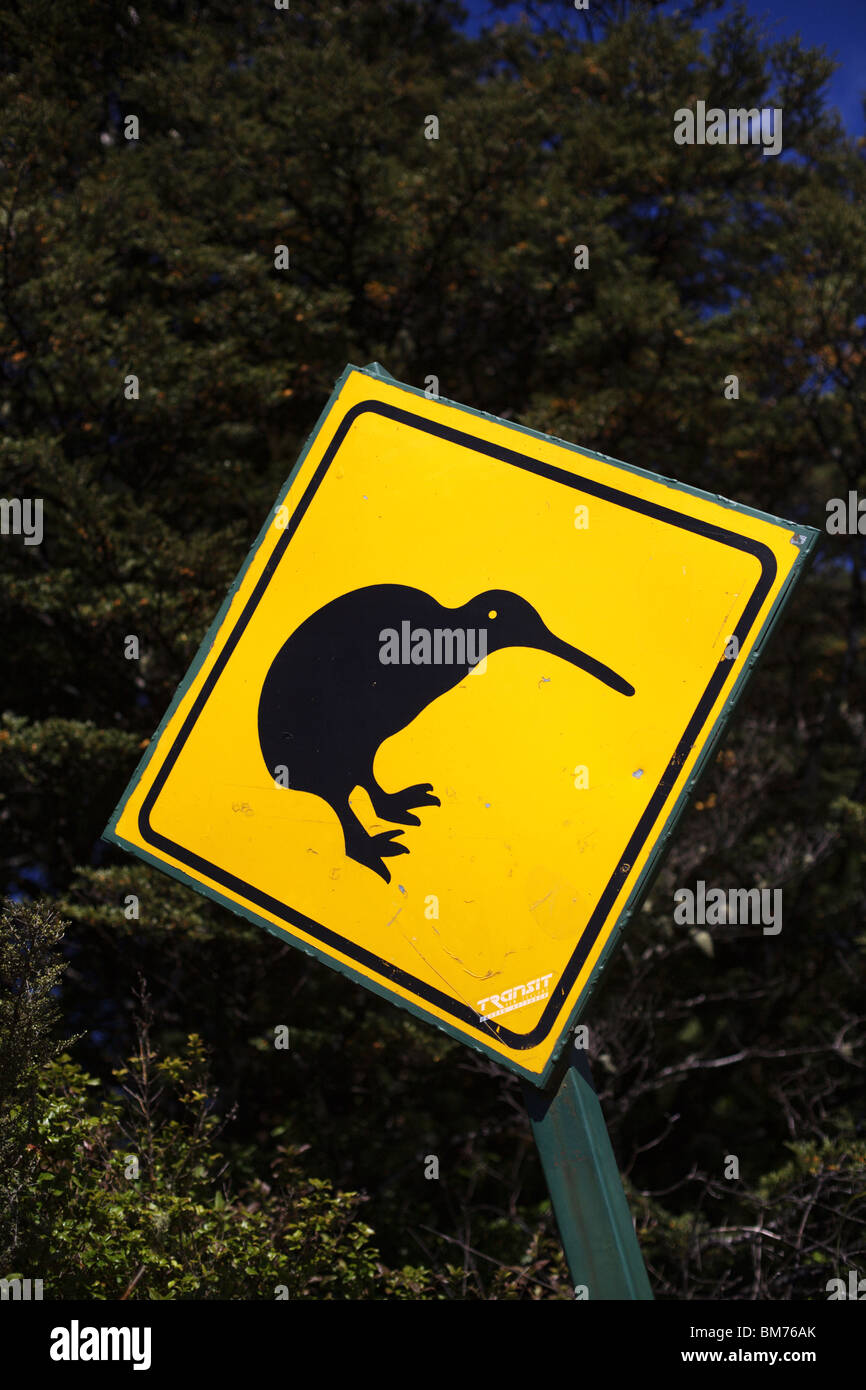 Road sign warning of kiwi birds on the hiway in New Zealand Stock Photo
