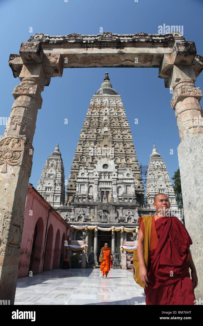 The Mahabodhi Temple, the Buddhist temple built where Buddha attained enlightenment in Bodh Gaya or Bodhgaya in India. Stock Photo