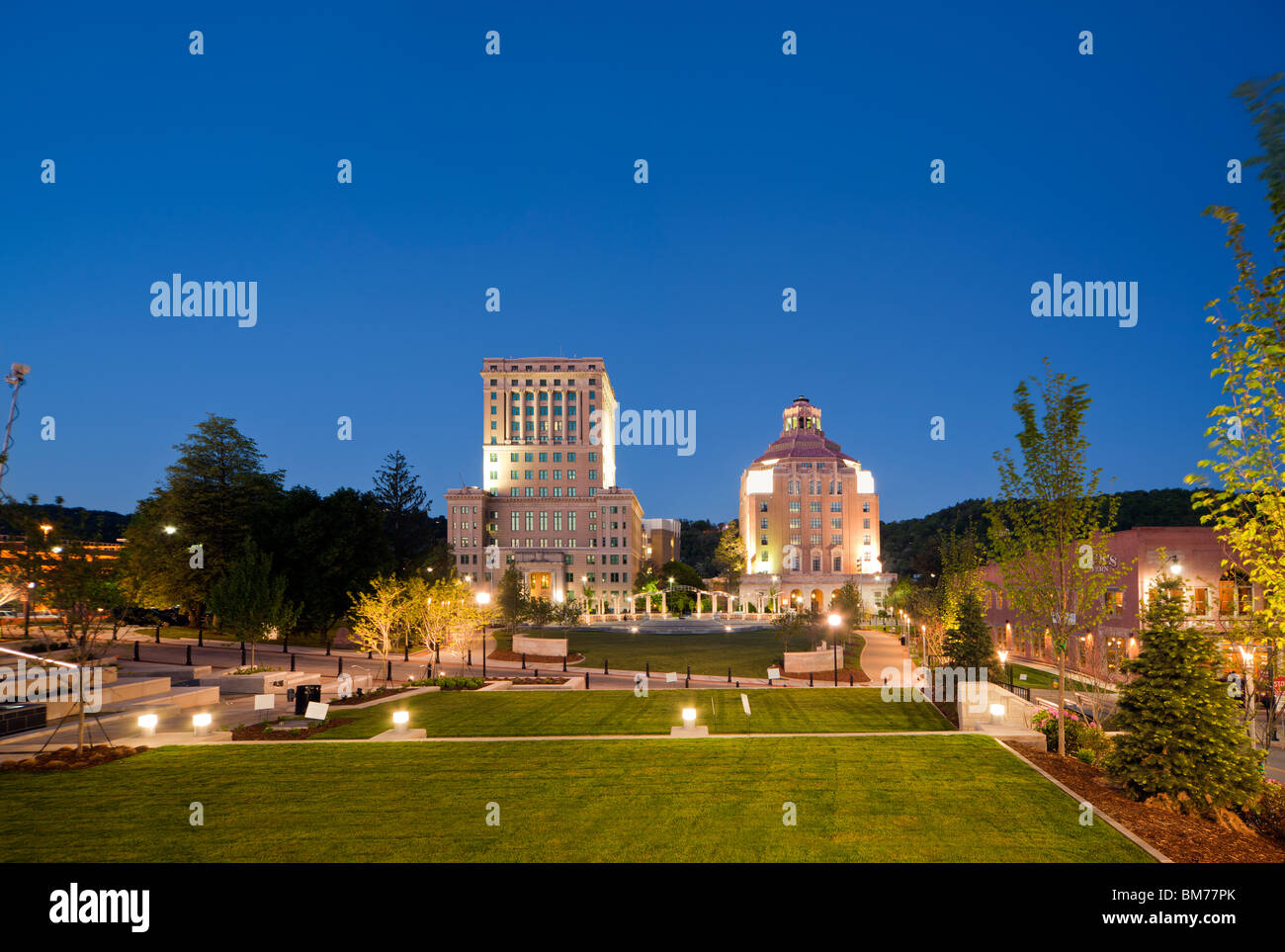 Downtown Asheville, North Carolina, NC. View of Art Deco architecture of City Hall and Court House building at dusk Stock Photo