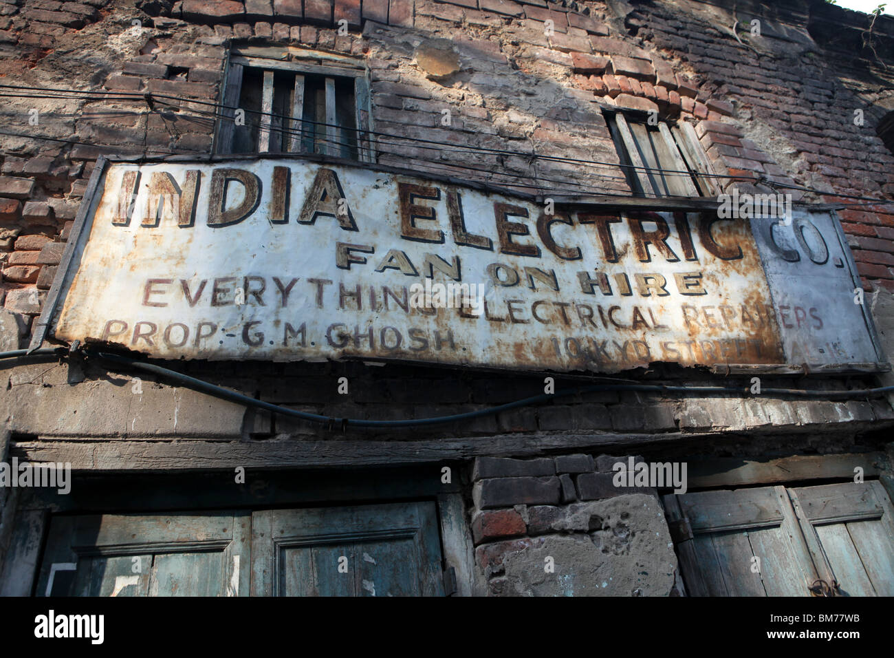 Old shop front for the India Electric Company in Kolkata, formerly called Calcutta in West Bengal, India. Stock Photo