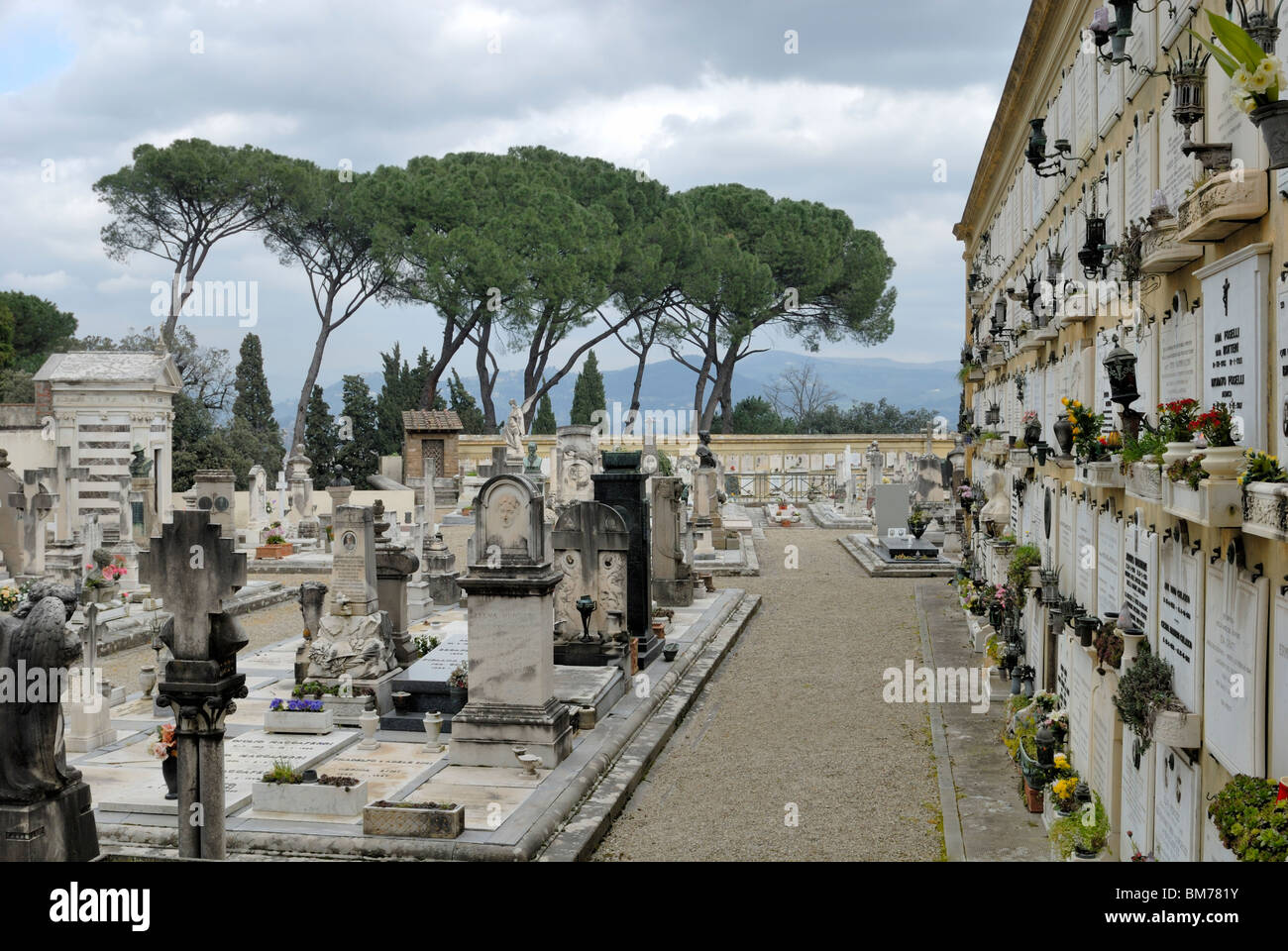 The cemetery surrounding the Basilica of San Miniato al Monte opened 1854. The cemetery contains also common family tombs. Stock Photo