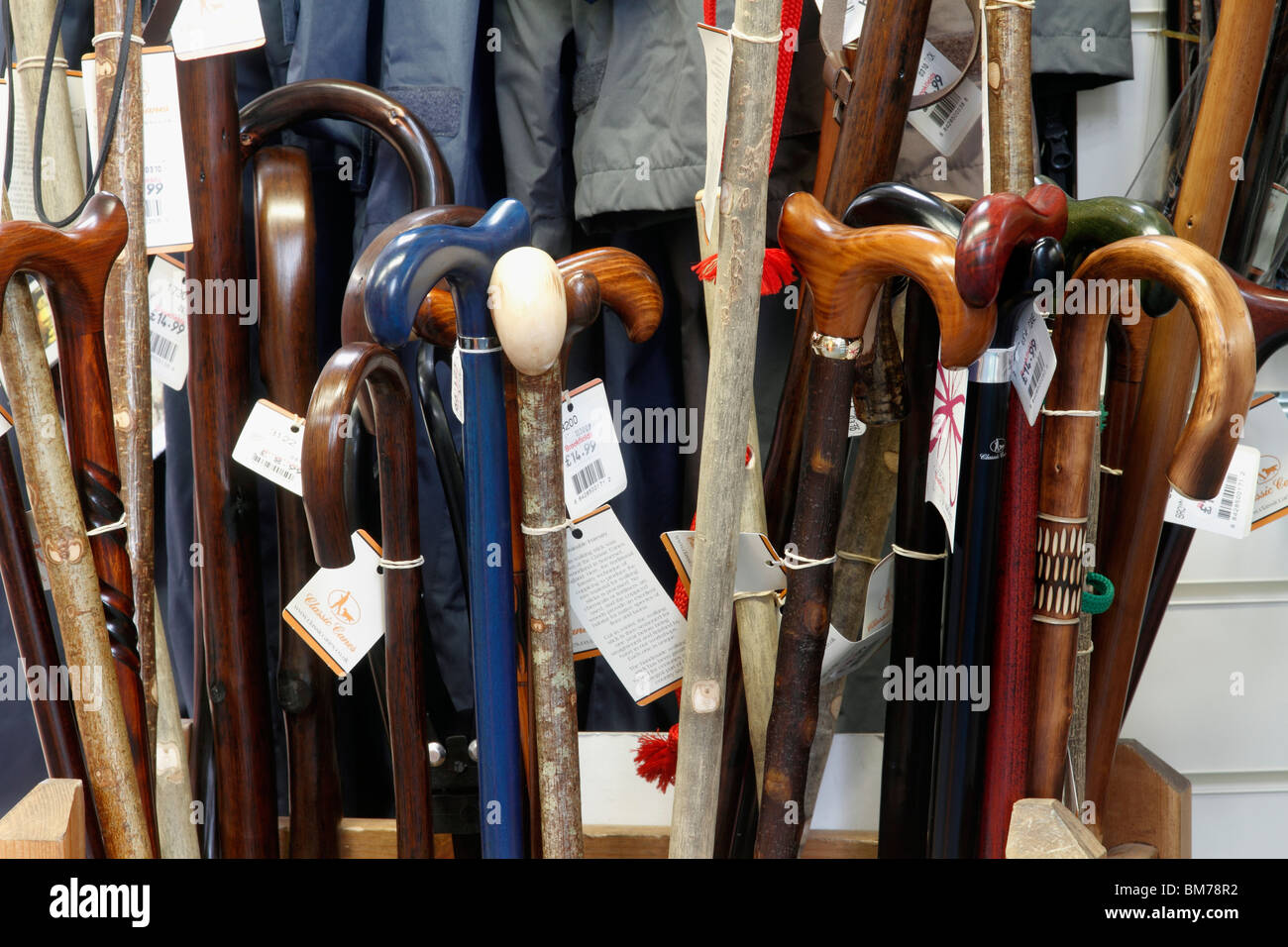 Walking stick canes and other stability aids Brookfields garden Centre, Nottingham Stock Photo