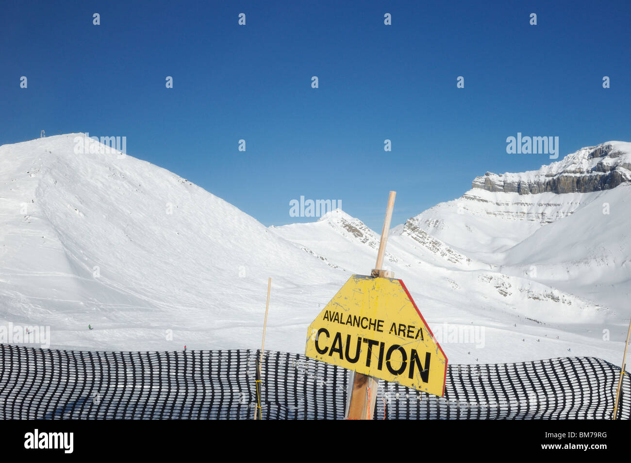 Avalanche area caution sign at Lake Louise Ski Resort - Banff National Park, Alberta, Canada Stock Photo