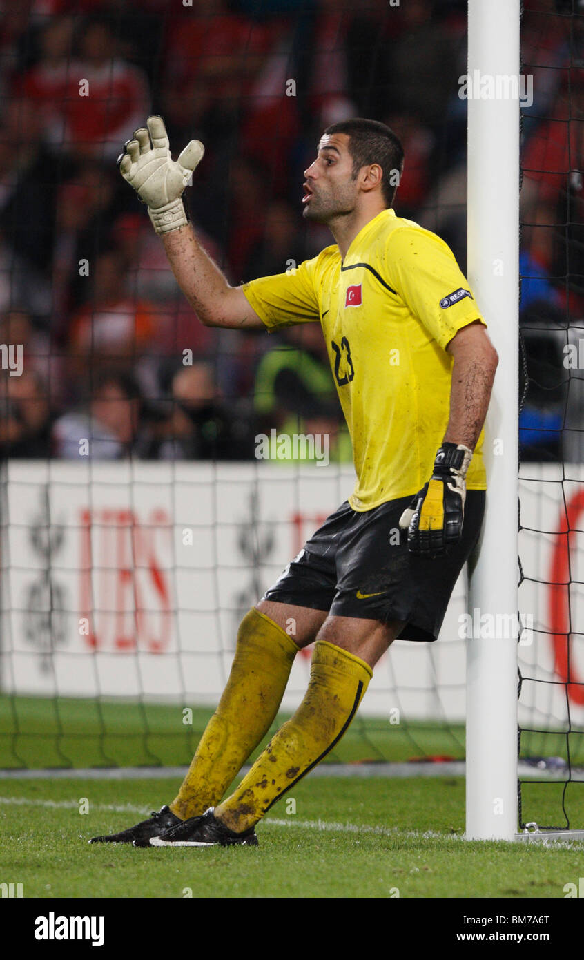 Goalkeeper Volkan Demirel of Turkey directs his defense during a UEFA Euro 2008 football match against Switzerland at St. Jakob-Park June 11, 2008 in Basel, Switzerland. Editorial use only. Commercial use prohibited. (Photograph by Jonathan Paul Larsen / Diadem Images) Stock Photo