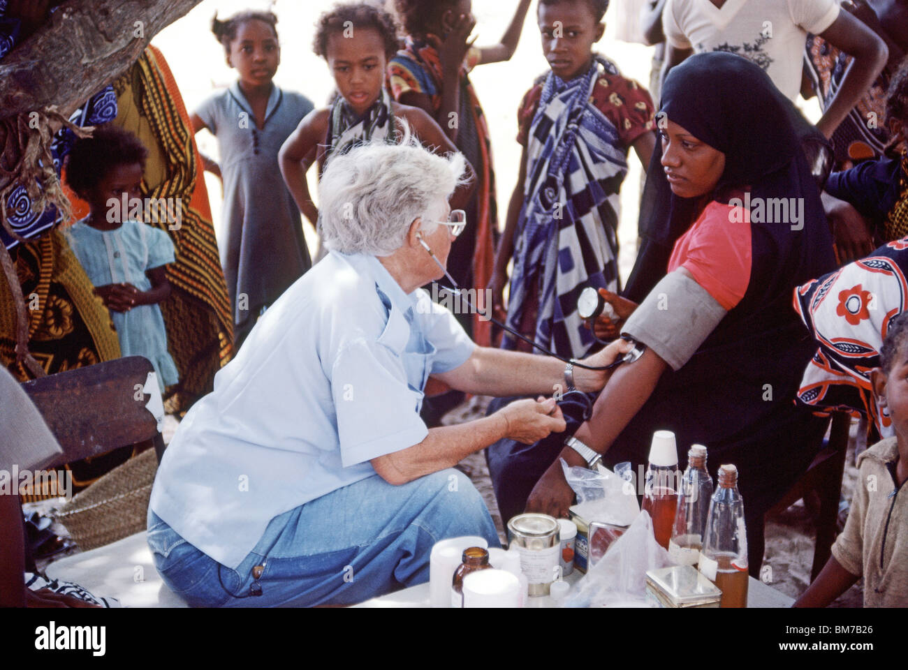 Dr. Anne Spoerry attending to a patient at Mukokoni, Kenya coast Stock Photo
