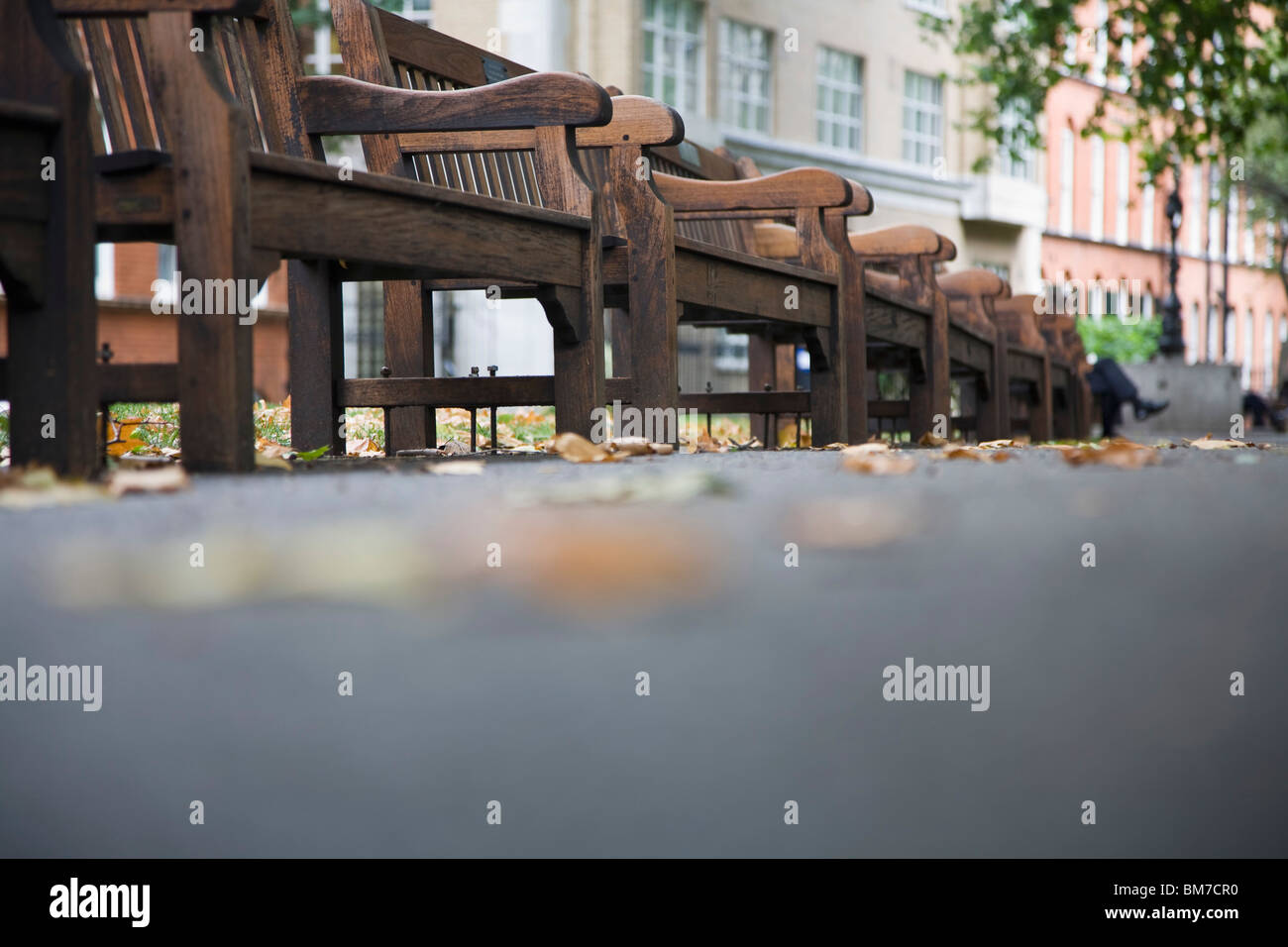 Low view of wooden benches in a park Stock Photo