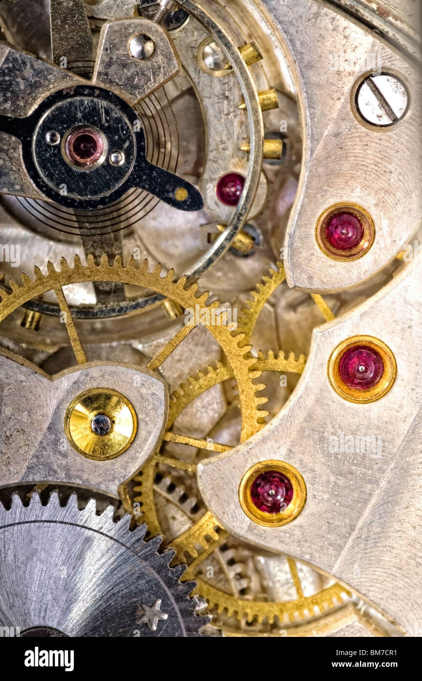Closeup of the interlocking gears Stock Photo