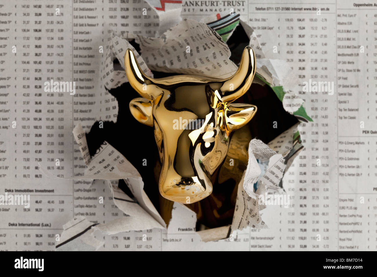 Detail of a golden bull breaking through the finance section of a newspaper Stock Photo