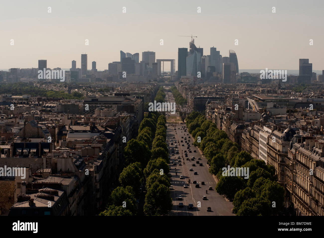 Skyline Paris, France, Cityscape, Aerial View from Arc de Triomphe, Looking West to La Defense Business Center, paris air pollution, city buildings Stock Photo