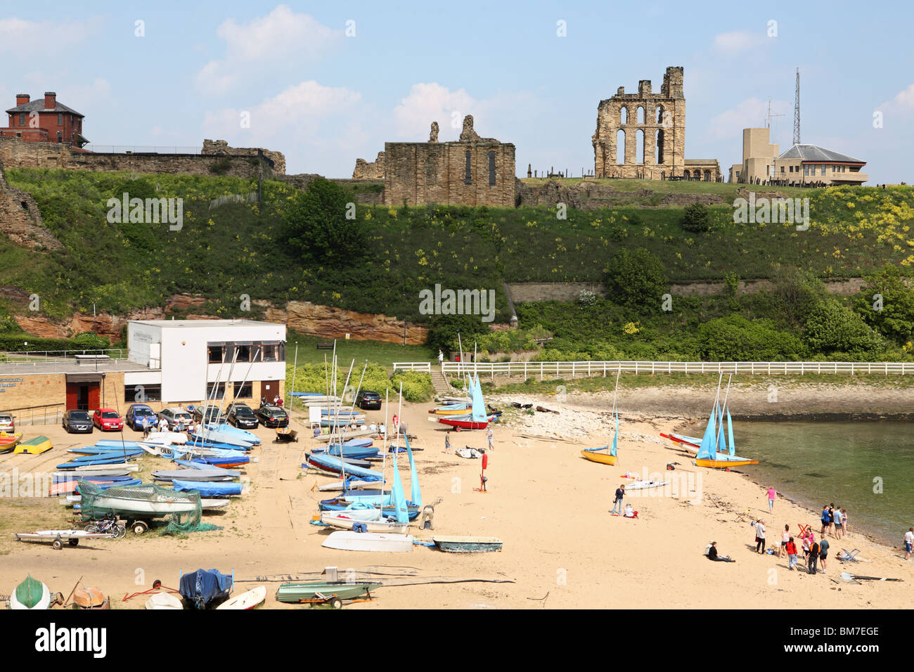 Tynemouth Priory with Prior's Haven in the foreground and boats from