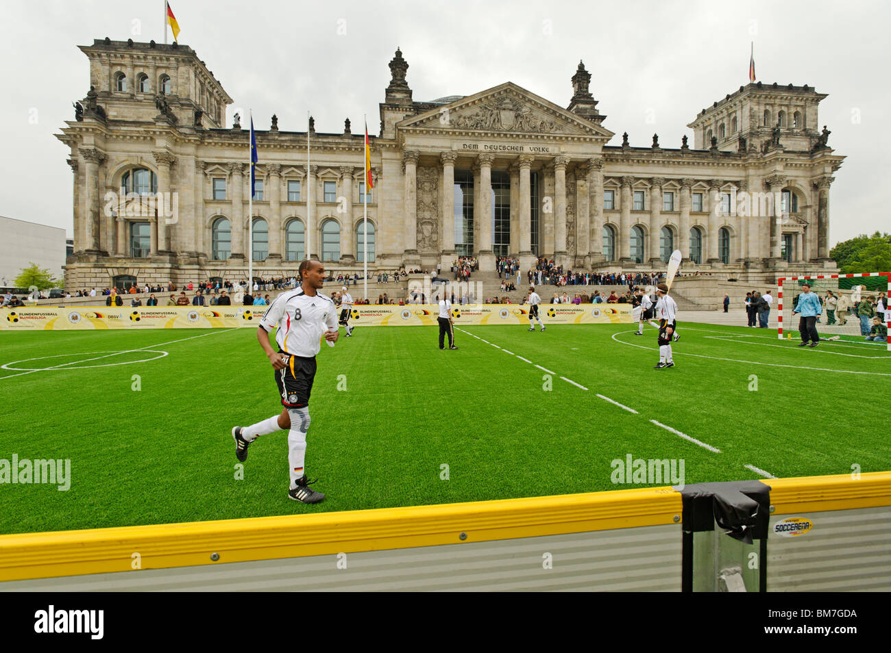 First international match of the German blind footballing team outside the Reichstag building, Berlin, Germany Stock Photo