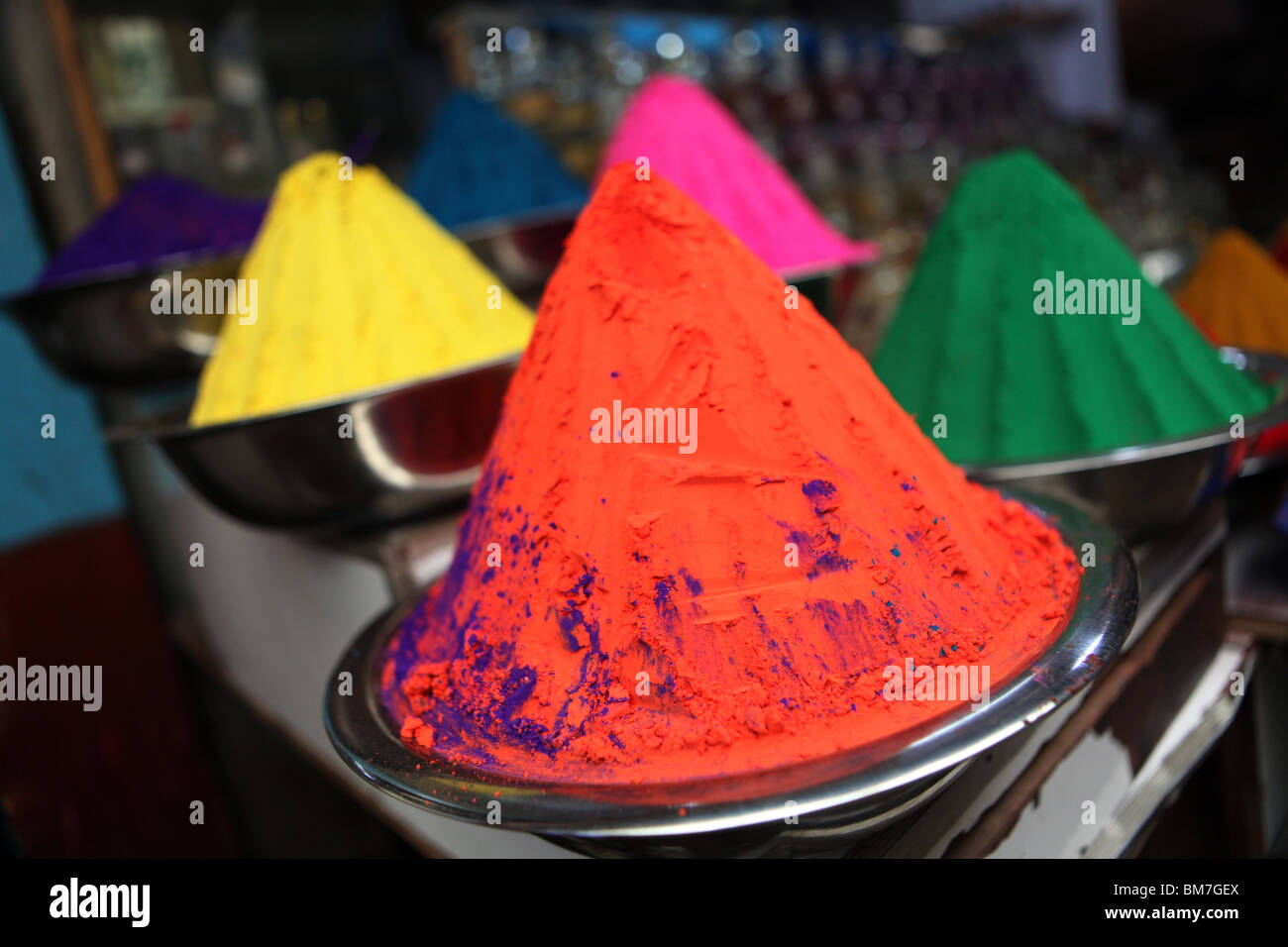 Coloured colored kumkum powder on display in Devaraja market in Mysore, Karnataka, India. Stock Photo