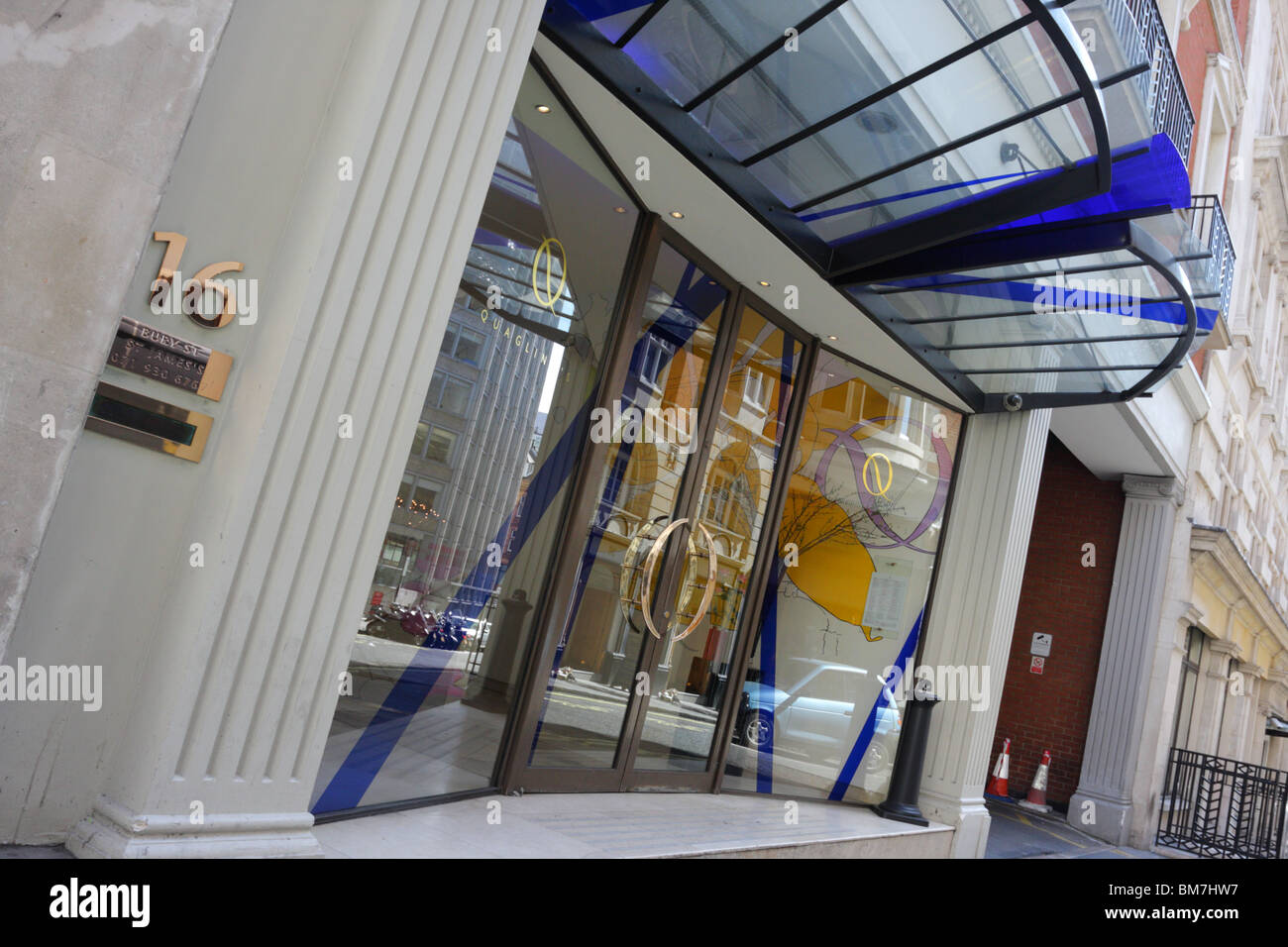 Slightly angled aspect of the main entrance to Quaglinos Restaurant in