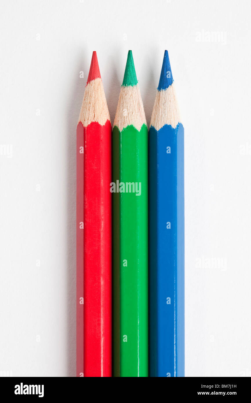 Detail of three pencils in RGB colors Stock Photo