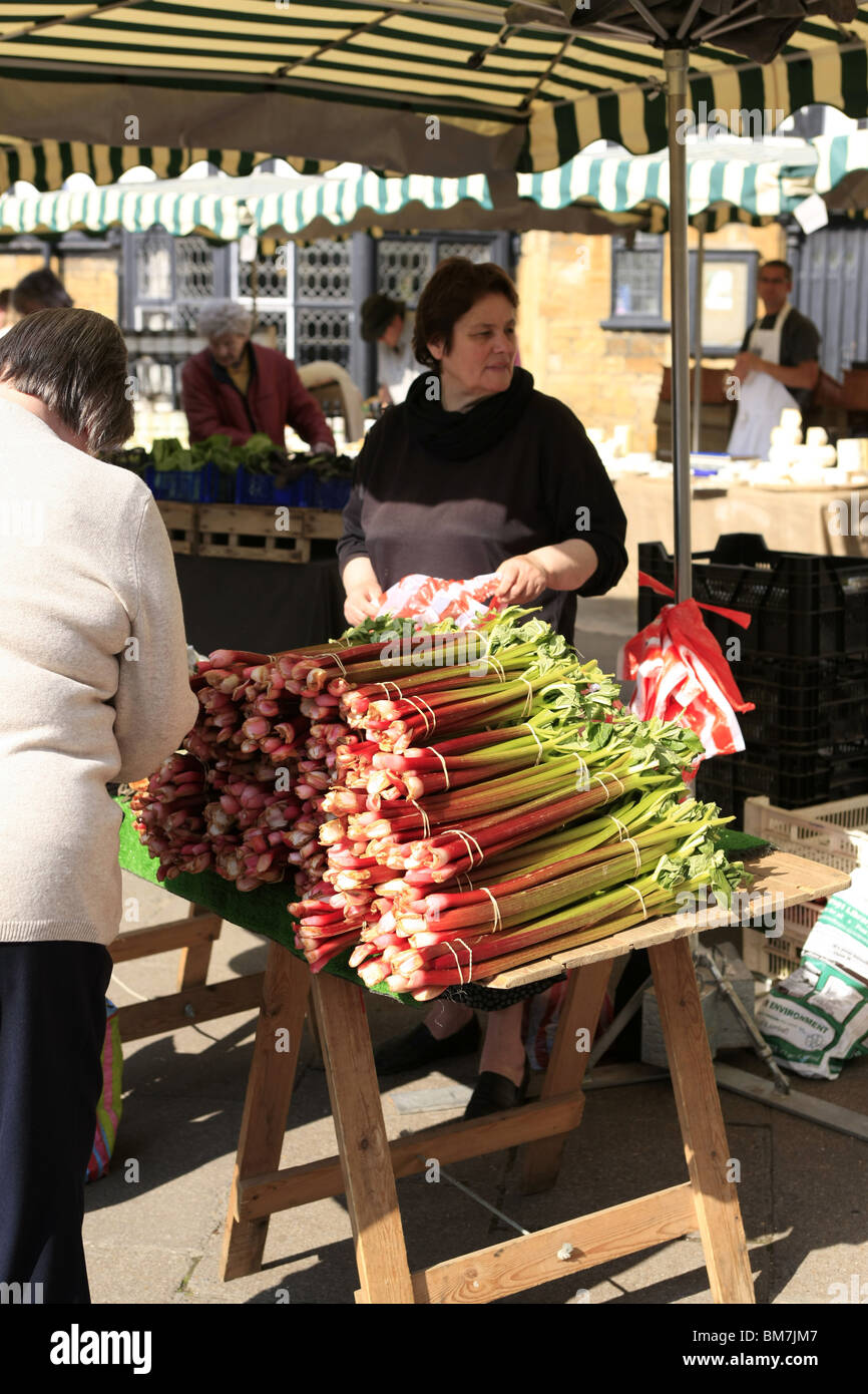 A Dorset Farmers Market stall selling locally grown Rhubarb and