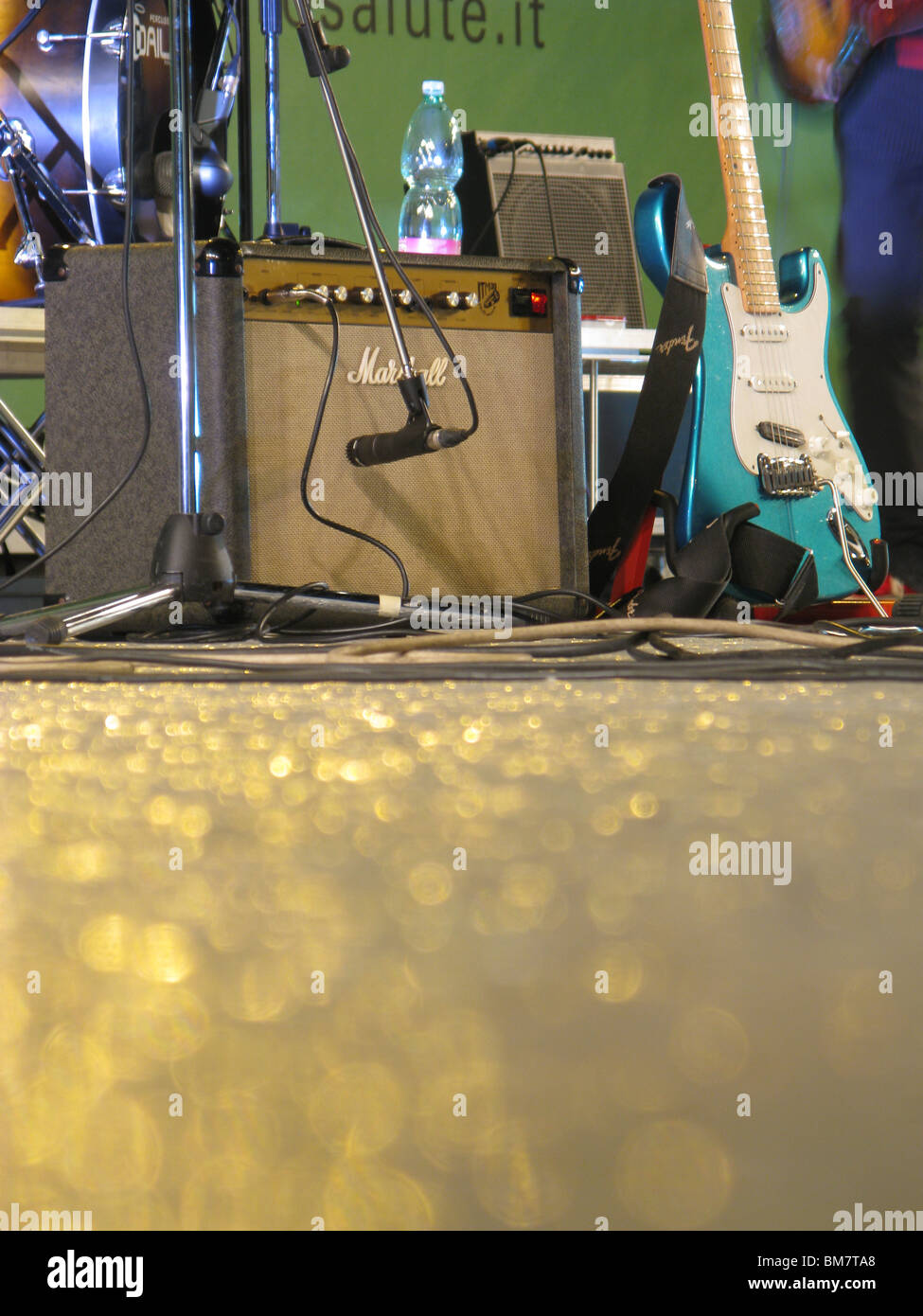 detail of music band equipment on stage at gig at night Stock Photo Alamy