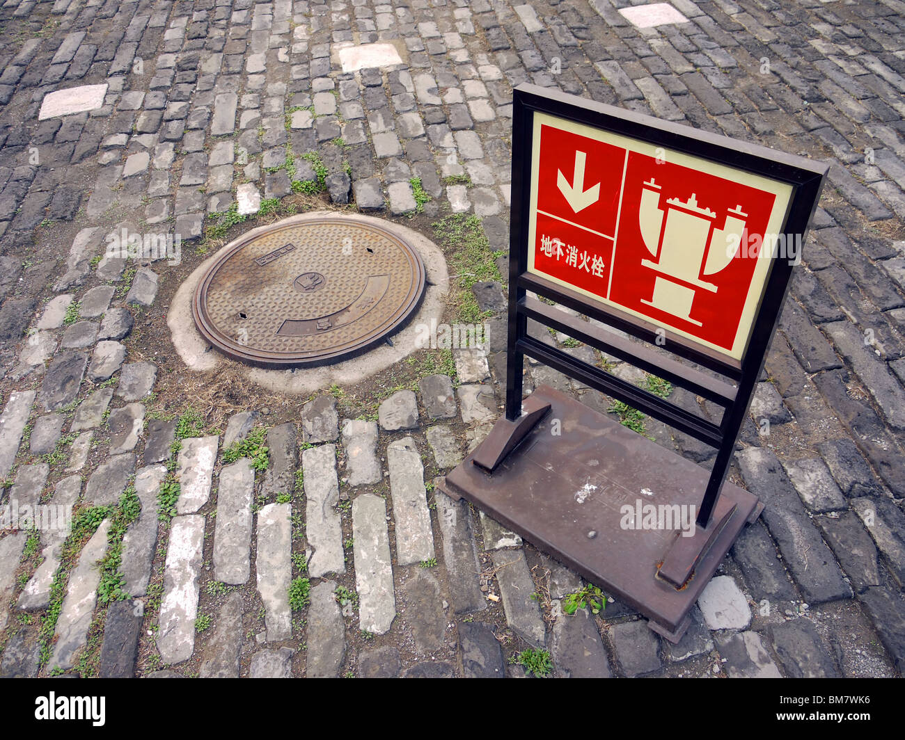Red sign in Chinese pointing at the fire hydrant under sewer manhole on the Forbidden City territory in Beijing, China Stock Photo