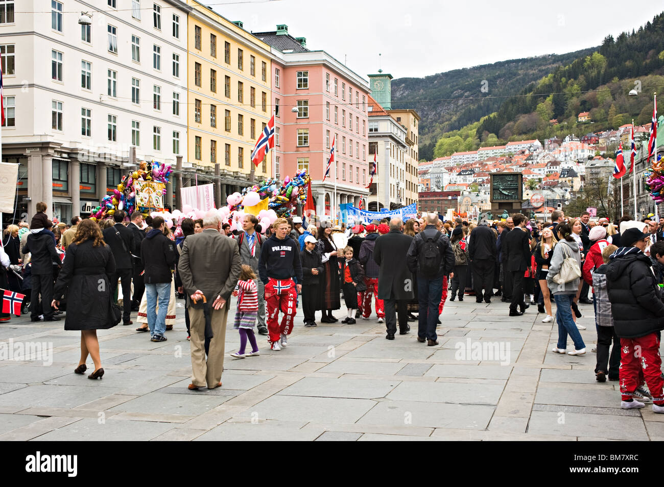 Crowd Gathering for the Start of the 17 May Independence Day Parade in Bergen Norway Stock Photo