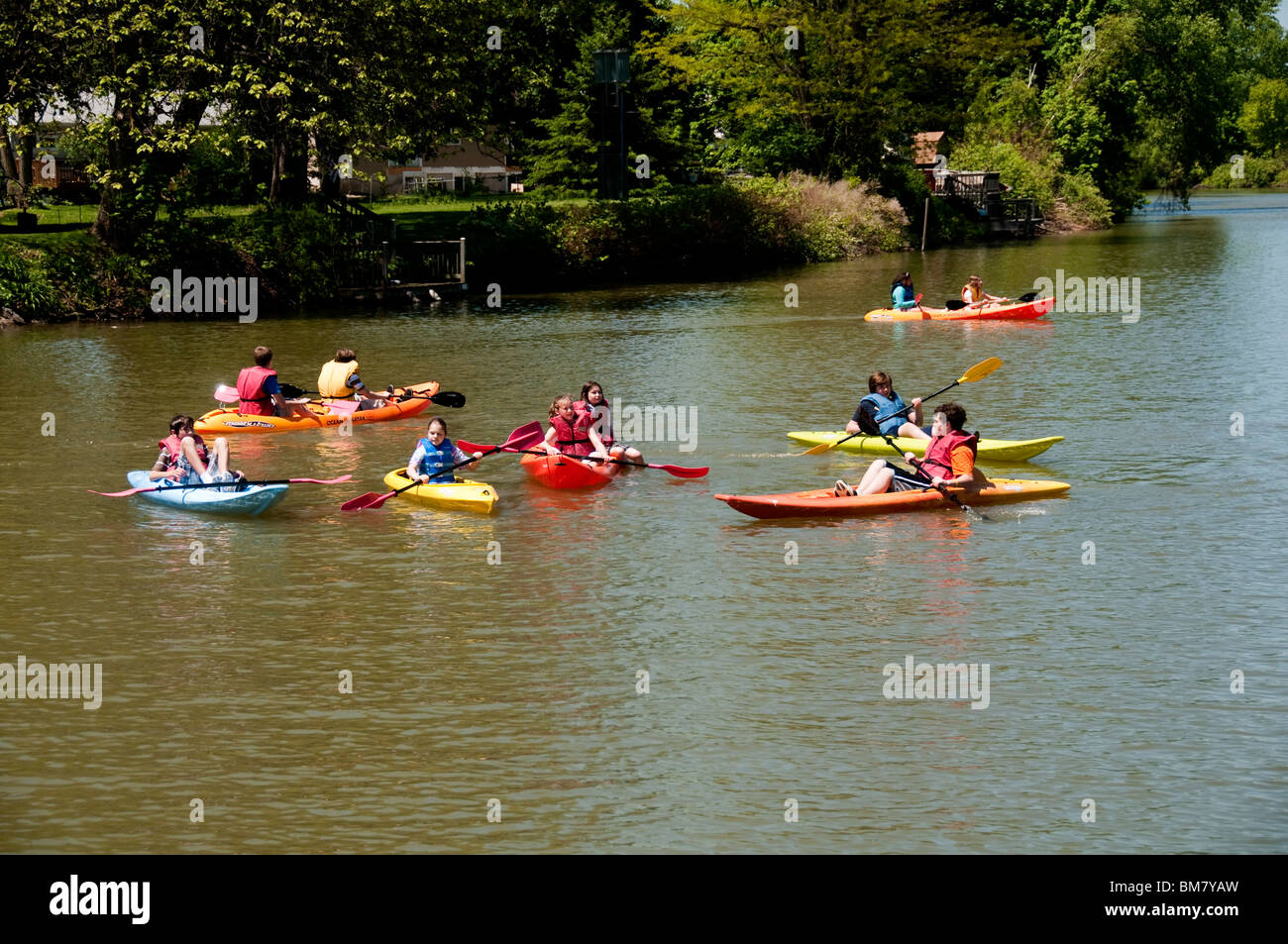Children in kayaks on Erie Canal Stock Photo Alamy