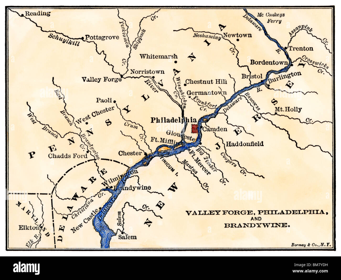 Map of the Philadelphia area, Valley Forge, and the Brandywine. Hand-colored woodcut Stock Photo